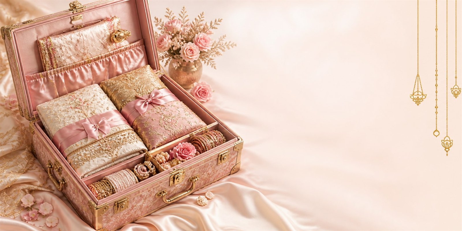 Premium blush and gold wedding trousseau arranged in an elegant box