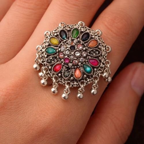 Multicolor Stone Oxidized Silver Ethnic Brooch